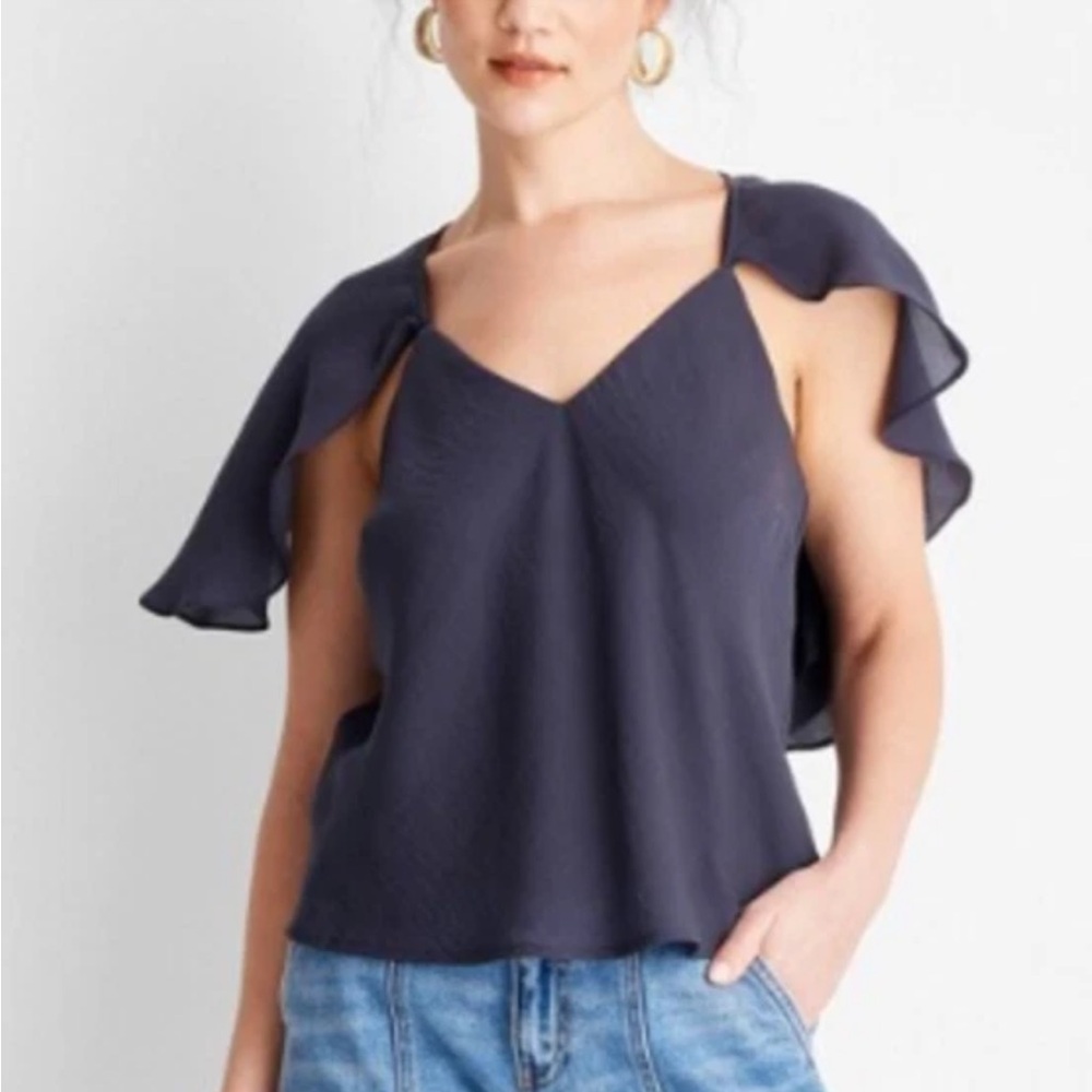 Future Collective Women's Short Sleeve Cape Blouse Navy Size Medium | NWT